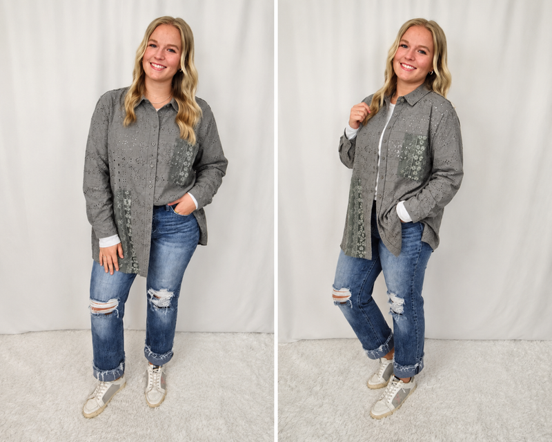 Eyelet Grey Long Sleeve Blouse