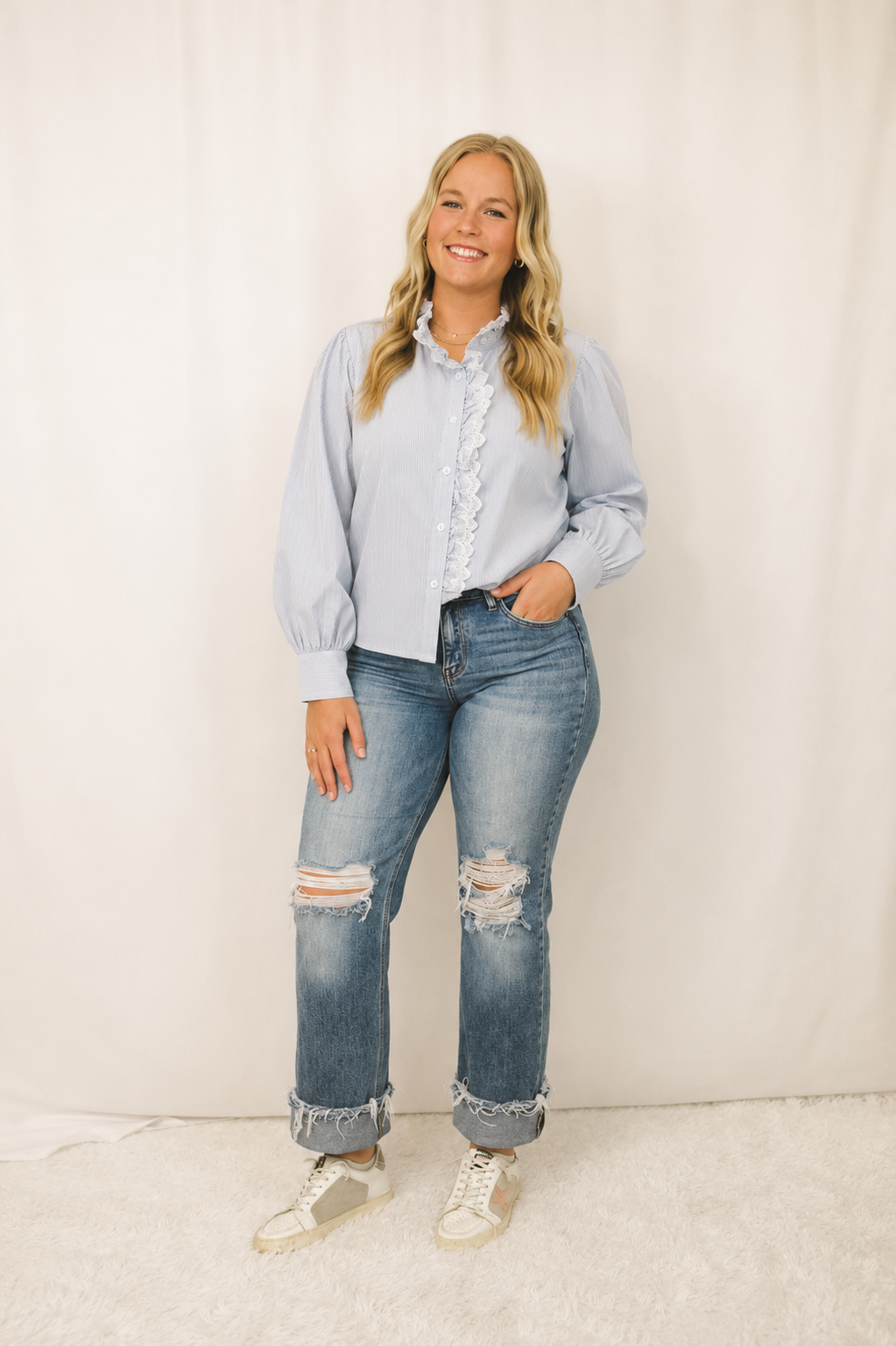 Blue Stripe Frill Blouse