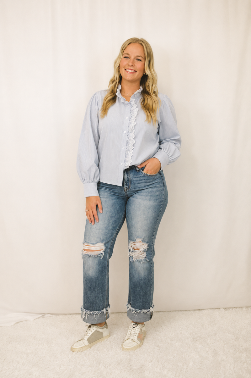 Blue Stripe Frill Blouse