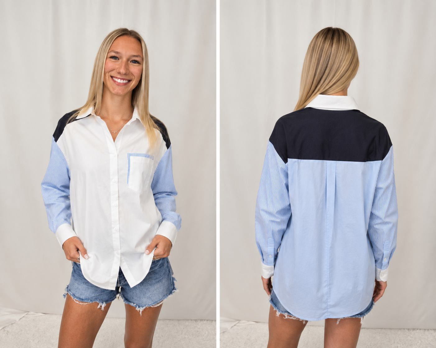 White/Blue Colorblock Blouse