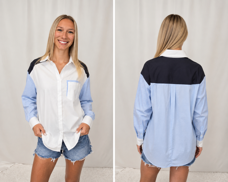 White/Blue Colorblock Blouse