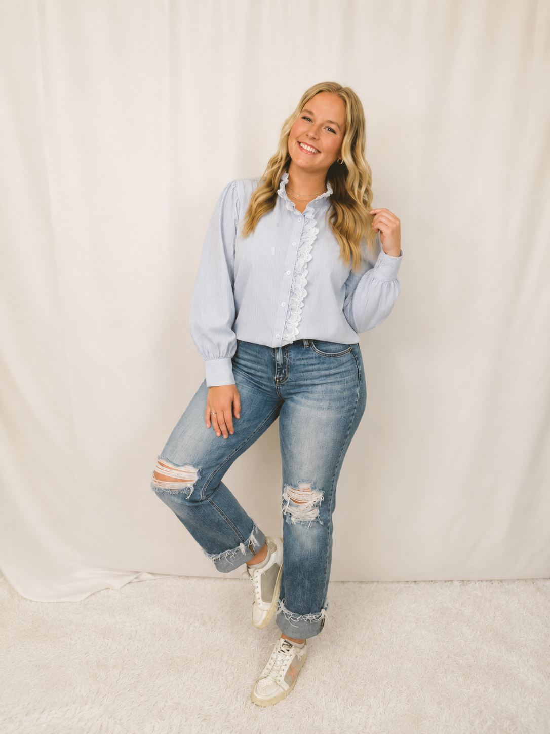 Blue Stripe Frill Blouse